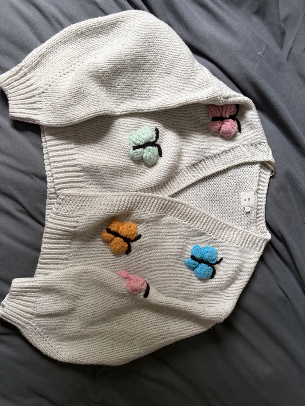 Cream Knit Cardigan with Multicolor Butterfly Accents